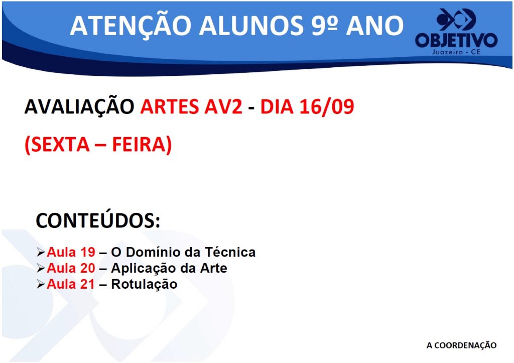 Aviso avaliação Artes 16.09 (05.09.16)