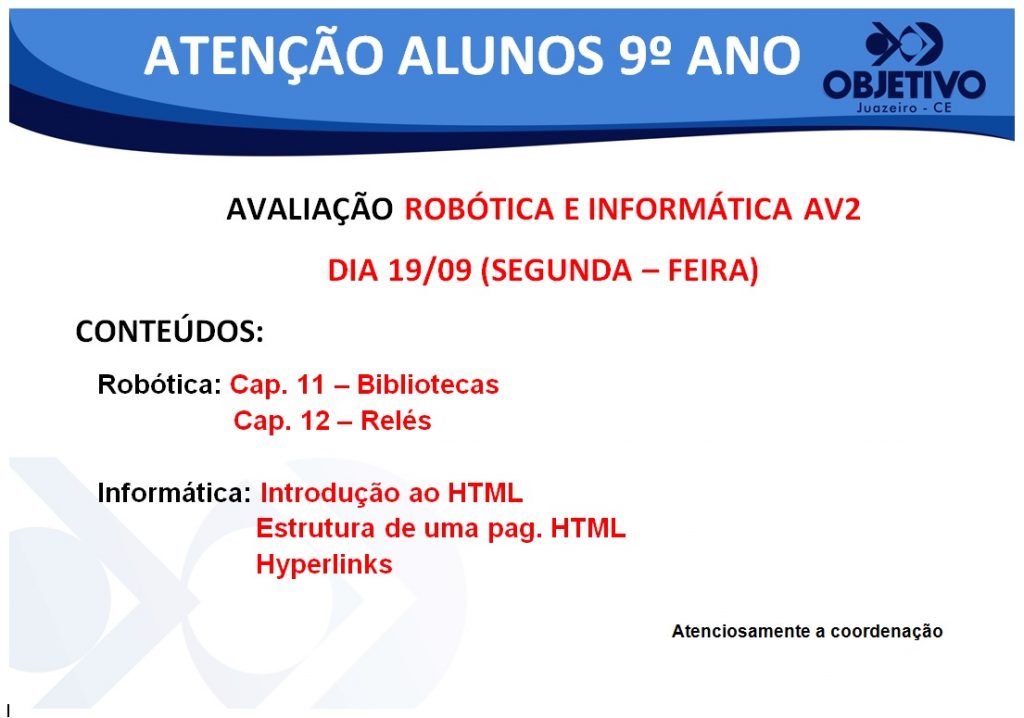 Aviso avaliação Robótica 9º Ano 19.09.16