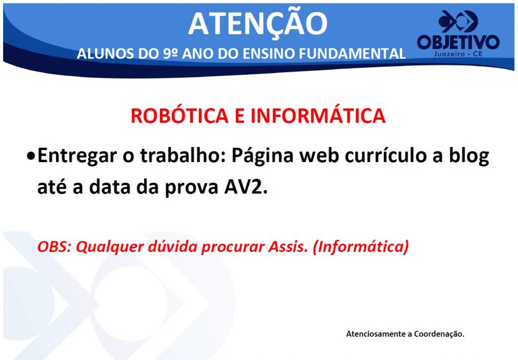 Aviso 9º Ano Robótica 31.10