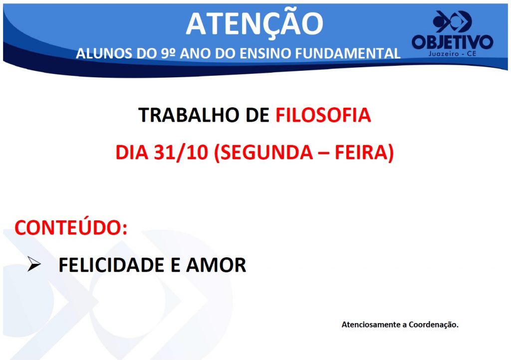 Aviso trabalho de Filosofia 9º Ano 31.10