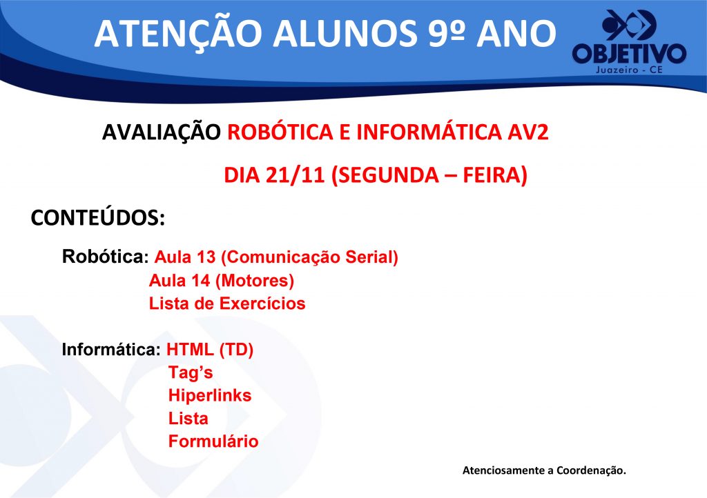 Aviso avaliação Robótica