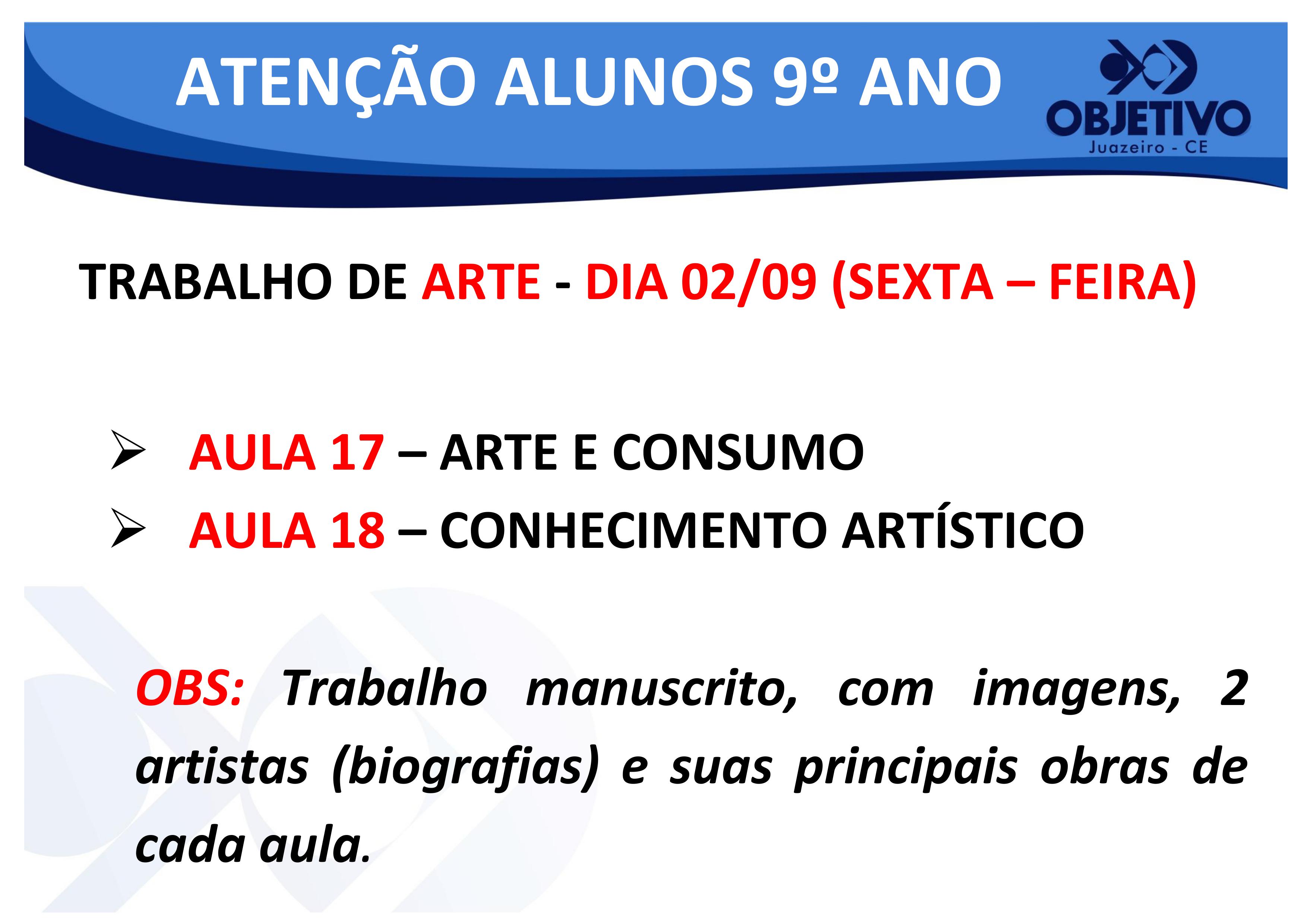 Aviso para alunos do 9º ano