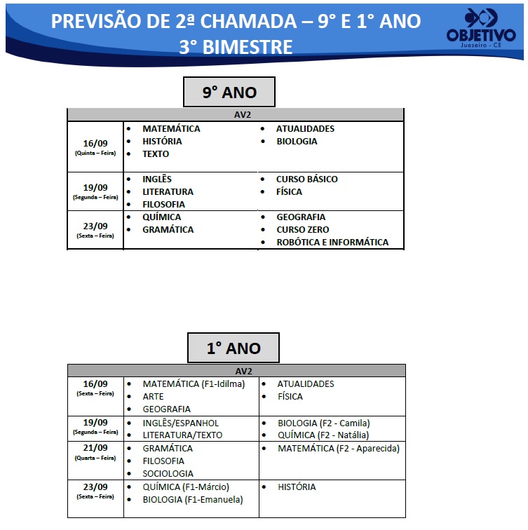 CALENDÁRIO DE 2ª CHAMADA – 9° E 1° ANO 3° BIMESTRE