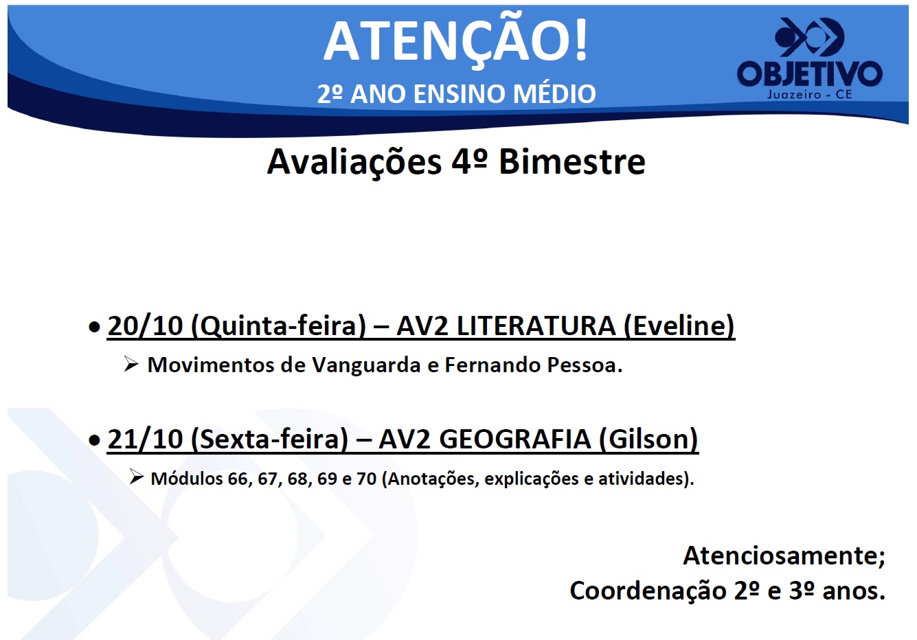 AVISO PARA ALUNOS DO 2º ANO DO ENSINO MÉDIO