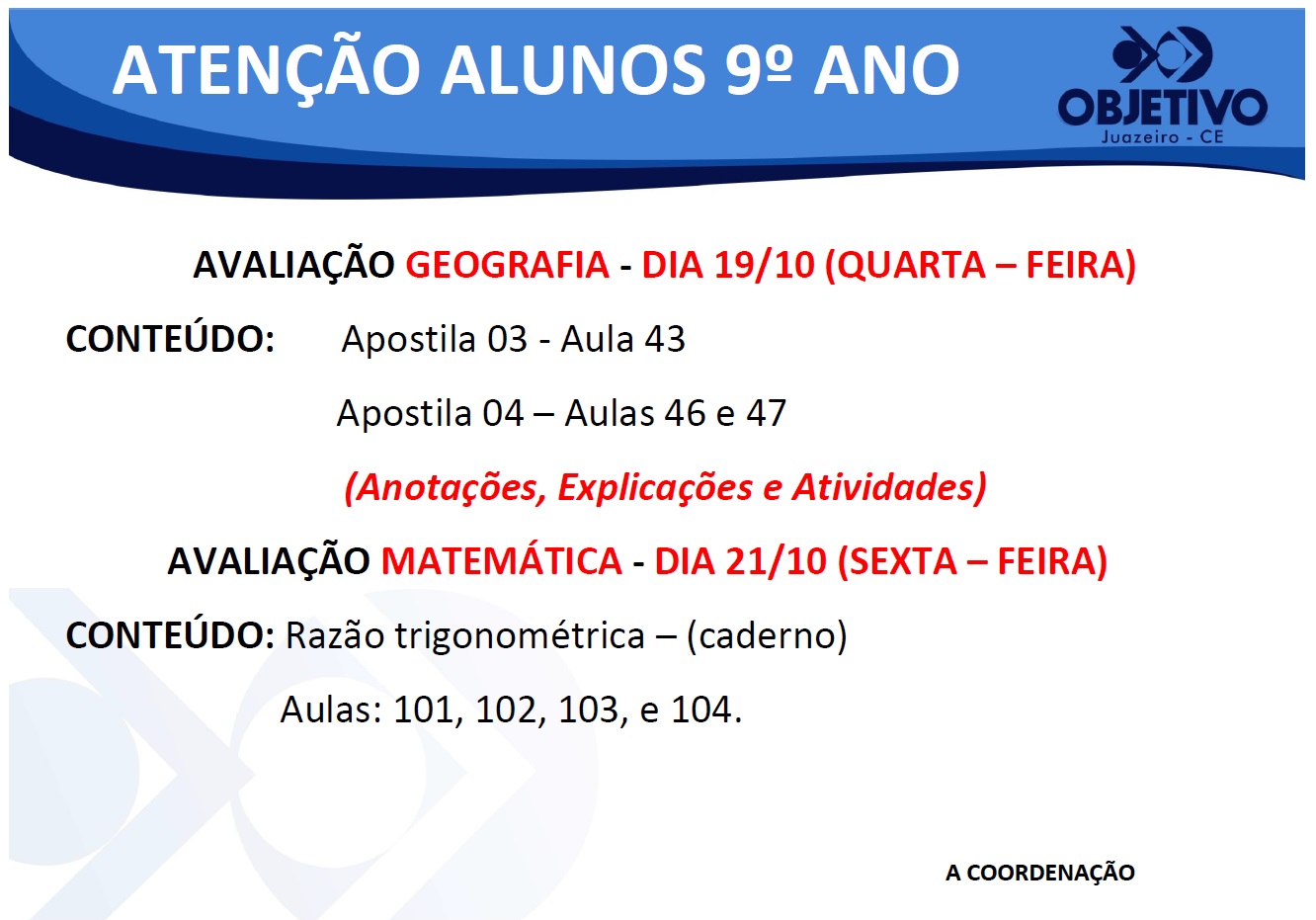 AVISO PARA ALUNOS DO 9º ANO DO FUNDAMENTAL II E 1º ANO DO ENSINO MÉDIO