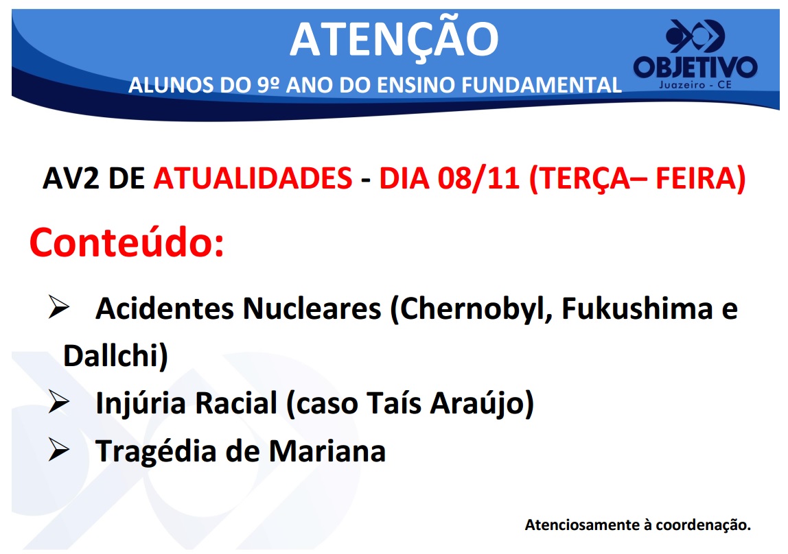 AVISO PARA ALUNOS DO 9º ANO DO FUNDAMENTAL II